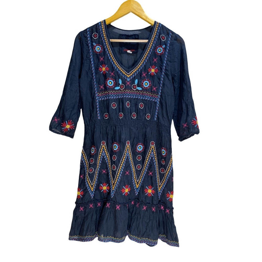 Johnny Was 3J Workshop Embroidered Silk Blend Boho Dress Black XS V-Neck Smocked - Picture 9 of 12